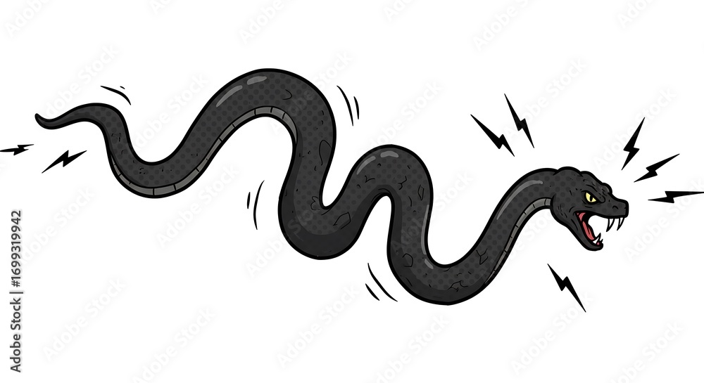 Obraz premium A comic style cartoon of an enraged snake striking forward with jagged motion lines, centered on a plain white background