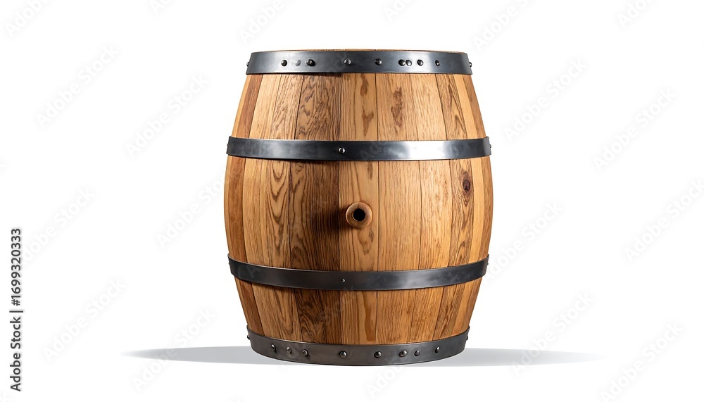Fototapeta premium A full-bodied, light-brown wooden barrel, highlighted by dark metal bands and studded with decorative rivets, sits majestically against a stark white background.