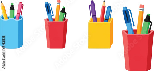This new image presents a simplified, modern flat-design style illustration of **pen and pencil holders**, compared to the more detailed, cartoonish look of the previous images.