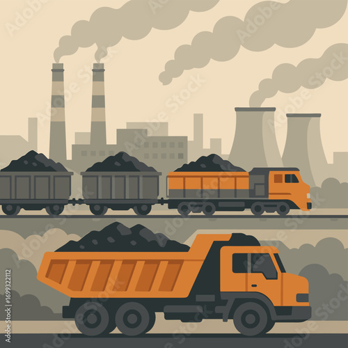Industrial landscape with coal transport train and factory in flat design