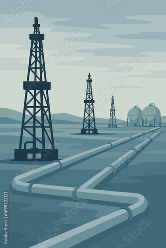 Retro oil field landscape with pipelines and storage tanks in monochrome