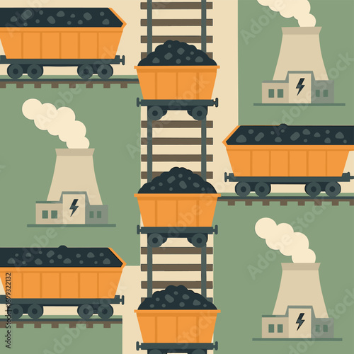 Seamless pattern of coal transportation with railcars and power plants in flat design