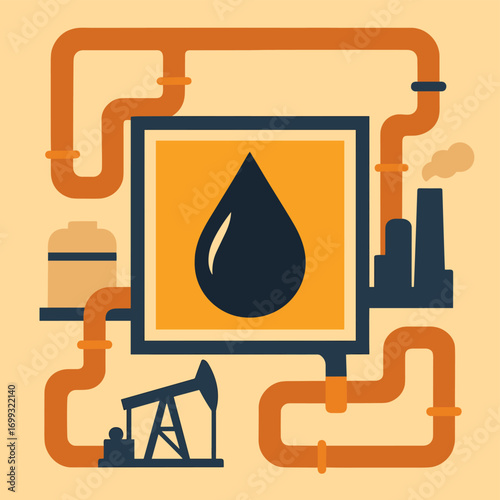 Industrial oil refinery process diagram with pipelines and factory elements