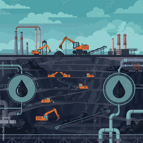 Industrial mining infrastructure with heavy machinery in cross-section design