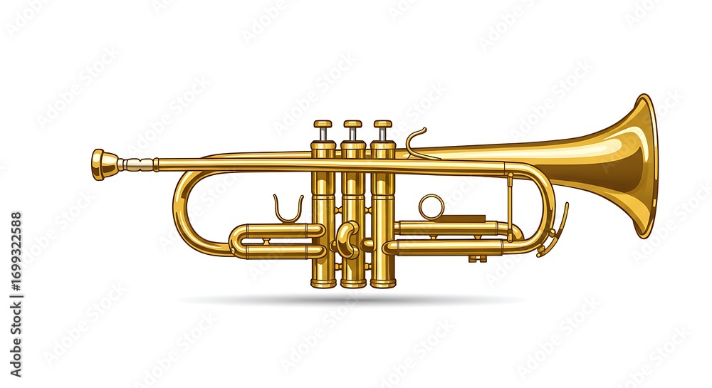 Obraz premium A realistic vector illustration of a golden trumpet with detailed valves and reflections, centered on a clean white background