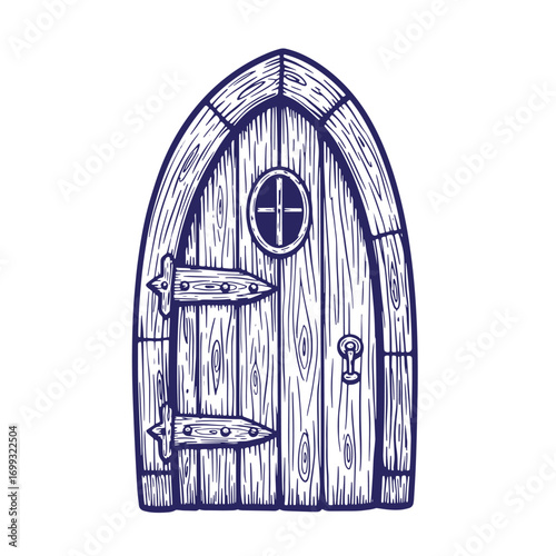 Hand drawn vintage fairy tale arched wooden door with small circular window and handle