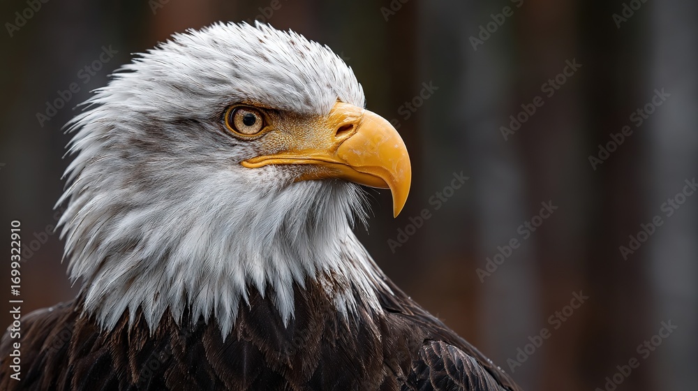 Obraz premium Majestic close-up photograph of a bald eagle, sharp detail of feathers and piercing eyes, perfect for patriotic campaigns, wildlife posters, and education.