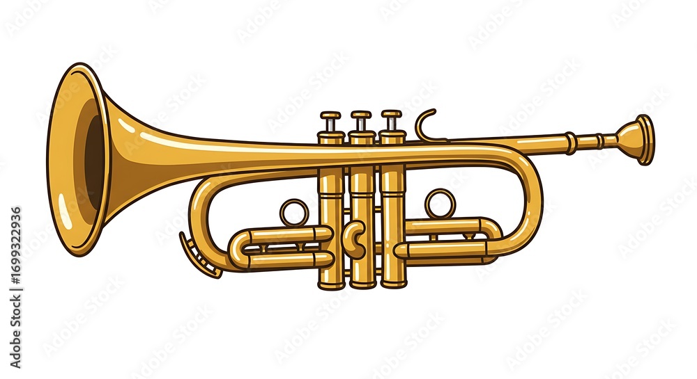 Obraz premium A realistic vector illustration of a golden trumpet with detailed valves and reflections, centered on a clean white background 