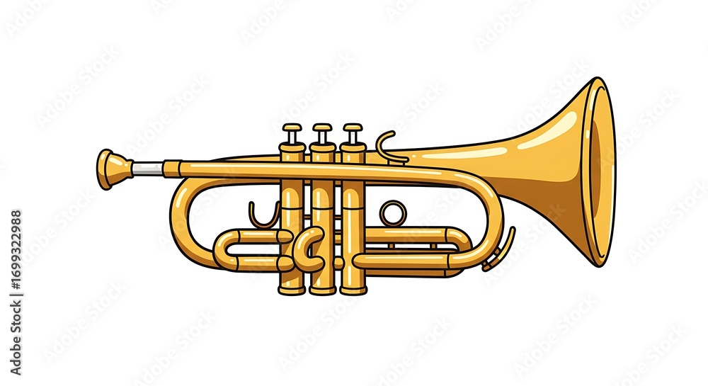 Fototapeta premium A realistic vector illustration of a golden trumpet with detailed valves and reflections, centered on a clean white background 