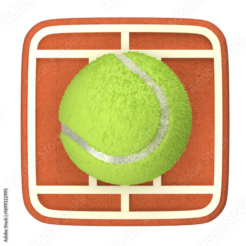 Detailed 3D illustration of a vibrant yellow tennis ball on a stylized clay court, symbolizing the concepts of sport, competition, and athletic recreation
