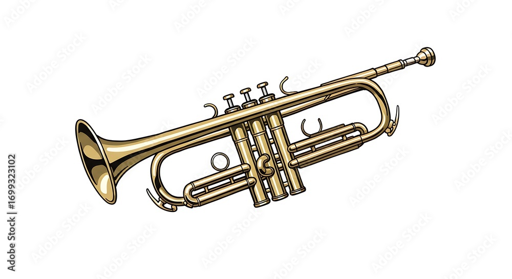 Obraz premium A realistic vector illustration of a golden trumpet with detailed valves and reflections, centered on a clean white background 