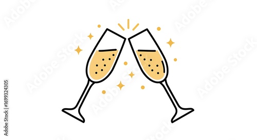 A vector icon of champagne glasses clinking together with celebratory sparkles, centered on a white background
