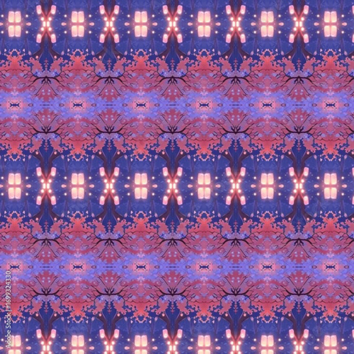 Seamless geometric pattern in soft pink and violet hues, ornamental symmetry with abstract kaleidoscope style for textiles, wallpapers, and decor.