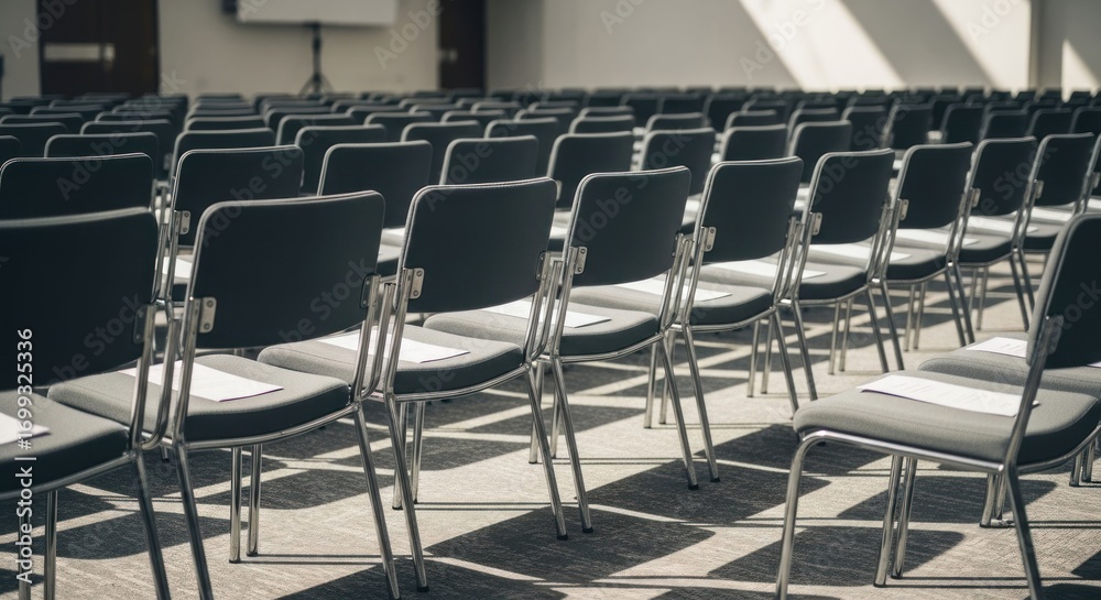 Fototapeta premium Rows of empty black chairs in a conference hall