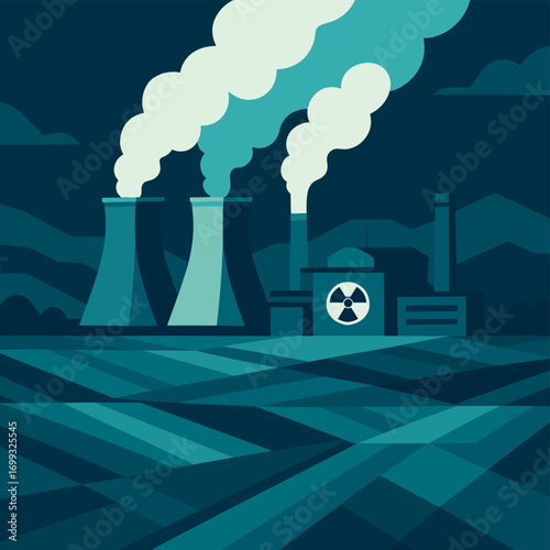 Industrial power plant emitting smoke with radioactive symbol in geometric art style