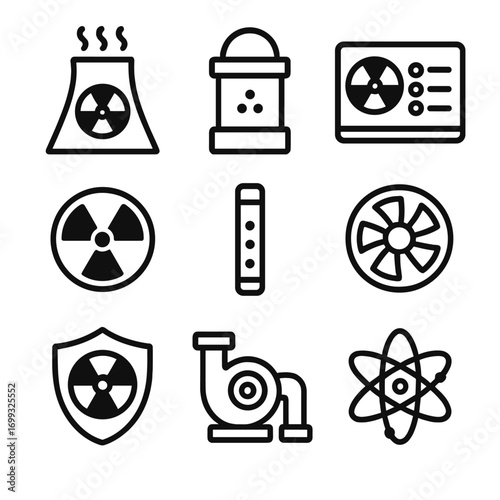 Industrial nuclear energy icons set on dark background featuring reactors and symbols