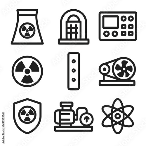 Nuclear energy icons: minimalist linear design featuring reactor, radiation, and control symbols