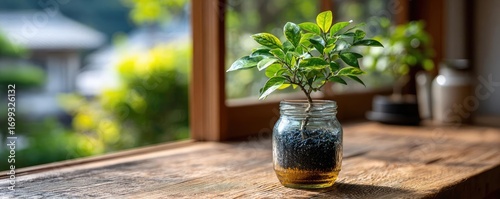 Tree with leaves beside jar of appreciation notes concept. A vibrant plant in a glass jar placed on a wooden table.