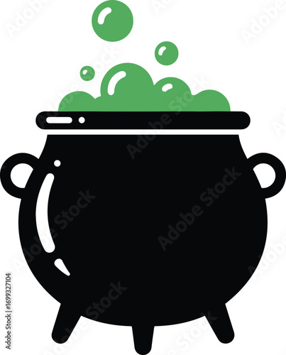 A black cauldron sits on three short legs, bubbling with a vibrant green potion. 