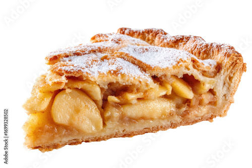 Close-up of a slice of apple pie.  A golden-brown, flaky pastry crust forms the edge of a slice, topped with a dusting of powdered sugar.  The filling is visible within, filled with chunks of apples