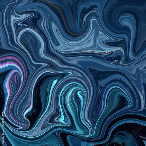 Abstract fluid artwork with swirling blue, violet, and cyan tones, creating a modern marble-like texture for backgrounds and design.
