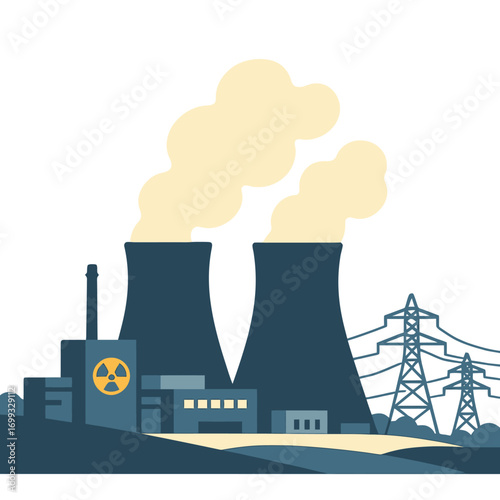 Nuclear power plant at night with glowing cooling towers and industrial landscape