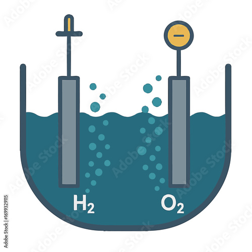 Water electrolysis process diagram showing hydrogen and oxygen separation in dark background