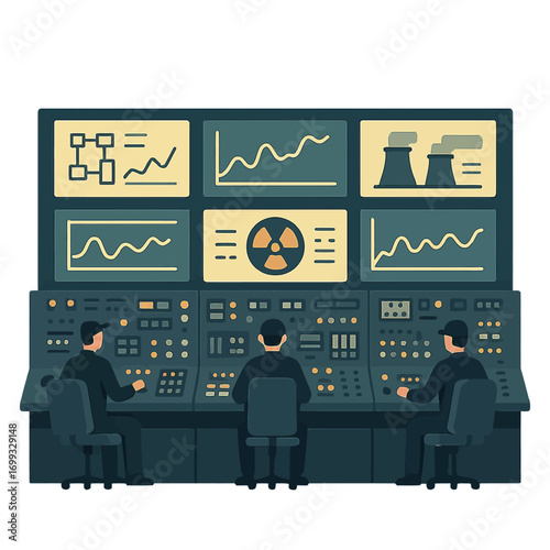Nuclear power plant control room with engineers operating monitors and equipment