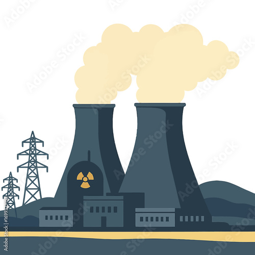 Nuclear power plant at night with emitting smoke in dark atmosphere