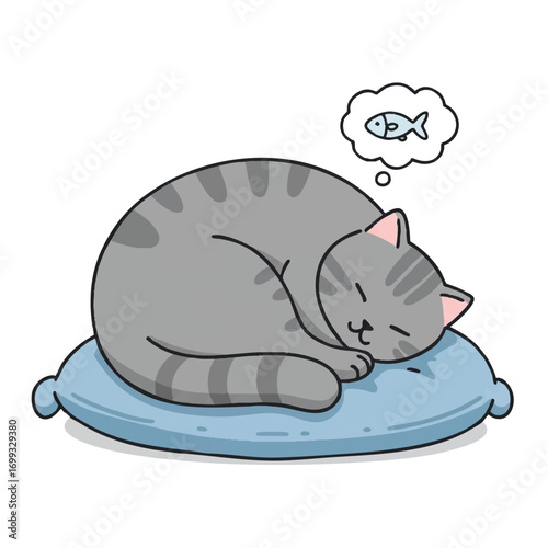 A grey cat sleeps soundly, curled on a soft blue cushion, with a dream bubble and fish icon, depicted in a vibrant 2D flat vector style.