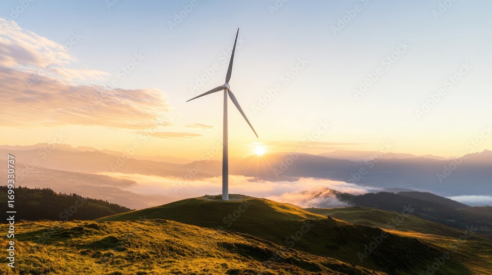 Obraz premium A stunning wind turbine stands majestically on a hillside during sunrise, surrounded by lush greenery and a serene sky
