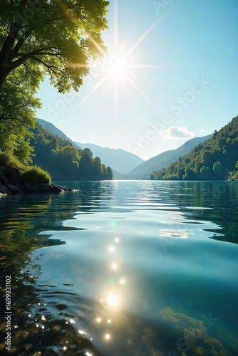 Idyllic sunny day at a serene lake, sparkling water reflecting the bright sun, calm atmosphere, perfect for relaxation and tranquility Gentle breeze ripples the surface , tranquil, calm