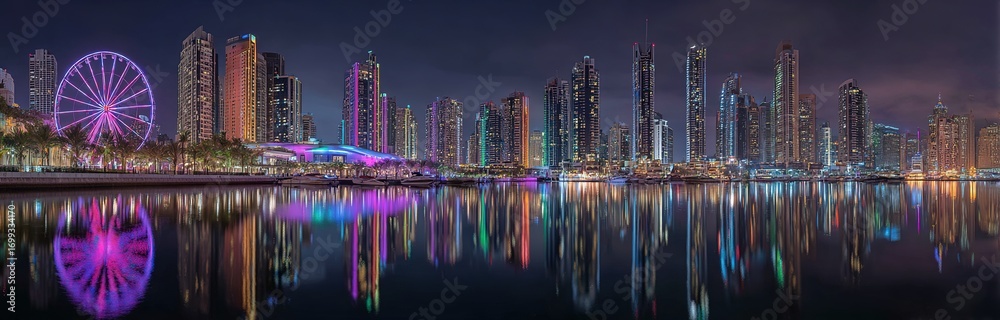 Fototapeta premium Futuristic City Skyline at Night with Neon Ferris Wheel and Water Reflection, Modern Urban Landscape with Colorful Lights for Travel and Tourism