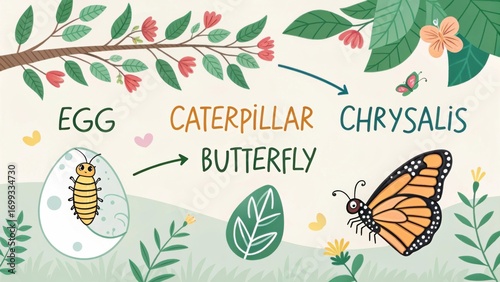 Canvas Print Illustrated Lifecycle of Butterfly from Egg to Caterpillar to Chrysalis to Adult