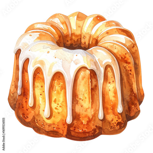 Bundt Cake Watercolor Isolated On White Background: A mouthwatering watercolor of a delectable Bundt cake, adorned with a flowing glaze, representing the joy of baking and indulgence.