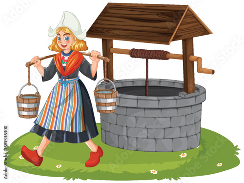 Dutch Girl Carrying Water Buckets by Stone Well