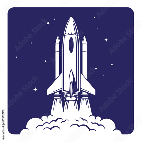 Vector illustration of a rocket launching into space with stars and clouds