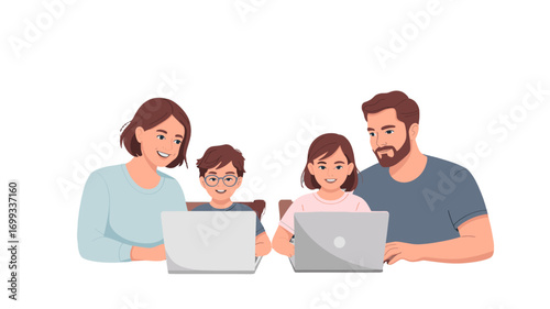 Family working together on laptops, embodying the spirit of modern learning and familial bond.