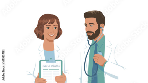 Two medical professionals consulting, one holding patient records.