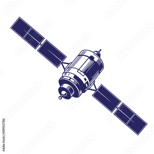 Vector illustration of a modern satellite in deep blue with extended solar panels