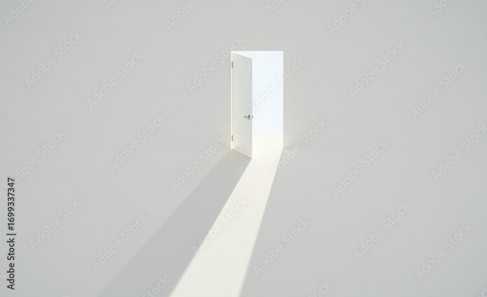 Fototapeta premium A minimalist scene features a slightly ajar white door casting a long, bright beam of light across a pristine white floor.