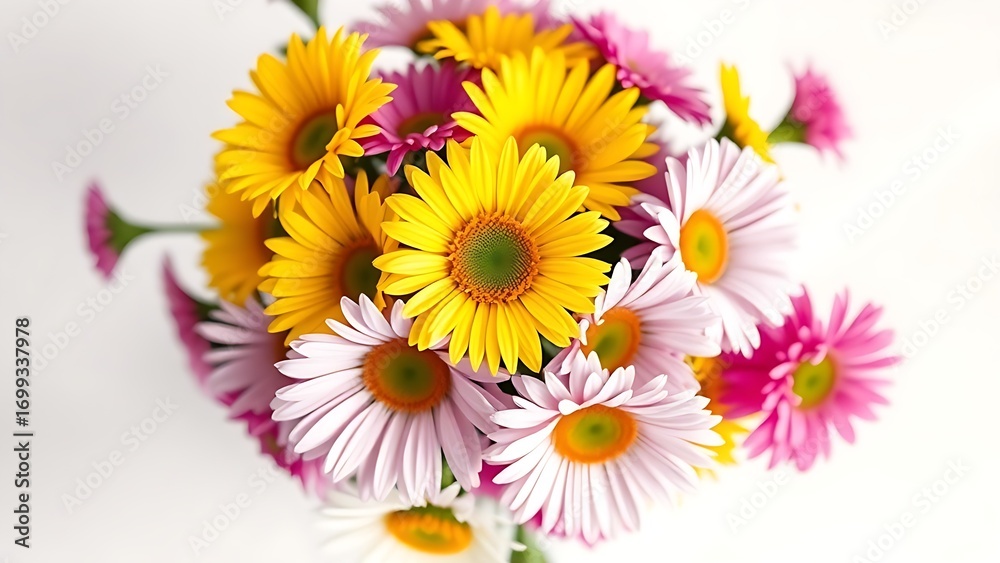 Naklejka premium A fresh daisy bouquet arranged as a centerpiece, bathed in soft natural light.