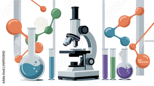 An illustration of scientific equipment, including microscope, test tubes, and flask, representing scientific research.