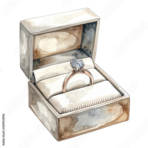 Shining Proposal Isolated On White Background: A captivating diamond ring, nestled within a vintage box, awaits, its timeless elegance. A watercolor painting