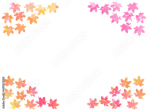 モミジの紅葉イメージの背景素材。水彩風テクスチャー。葉っぱのシルエット。かわいい色調。光の粒子や水滴の輝き。コーナータイプ。