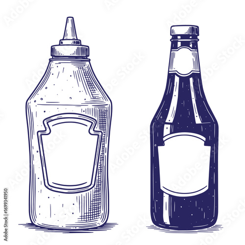 Vintage engraved style illustration of condiment bottles with blank labels on white background