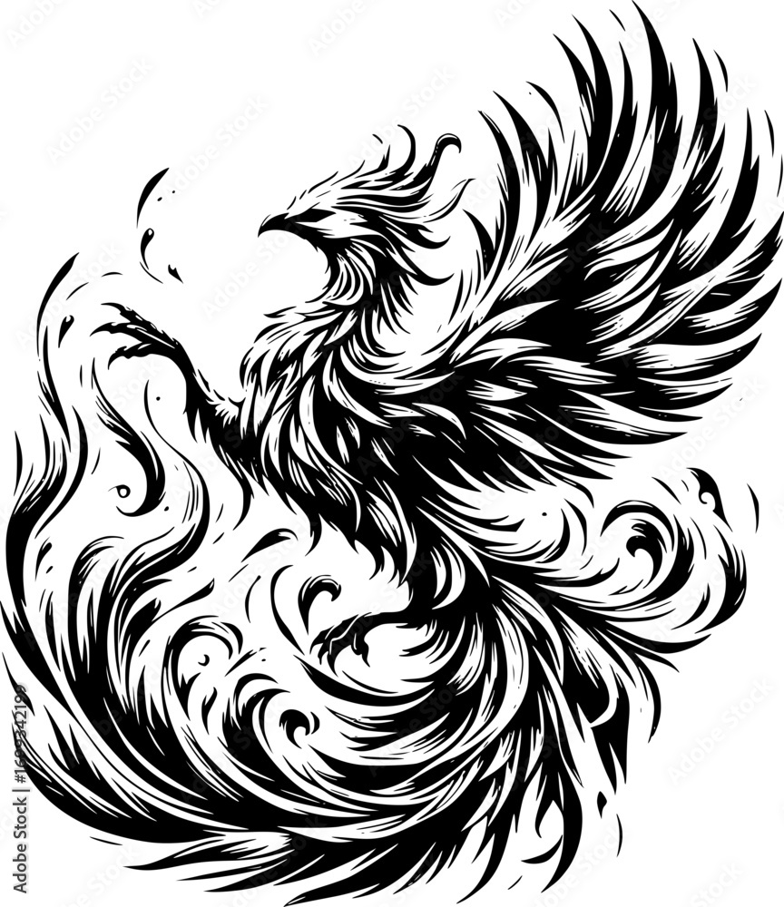 Fototapeta premium Minimalist black and white vector icon of a phoenix with clean lines. Modern, simple, scalable design for stickers, logos, or digital use.
