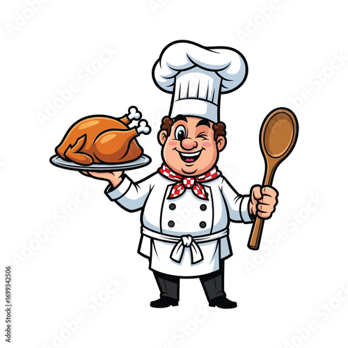 Vector illustration of a cheerful winking chef character mascot holding a roasted chicken and a wooden spoon for a restaurant logo design element