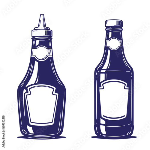 Vintage style illustration of classic ketchup and hot sauce bottles isolated on white background