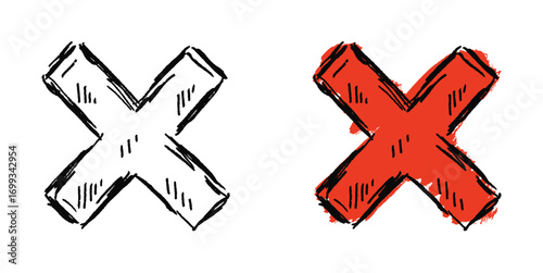 Grunge sketch hand-drawn cross mark vector. Ideal for adding a raw, textured feel to error and cancellation themes. Features a distressed and edgy aesthetic.